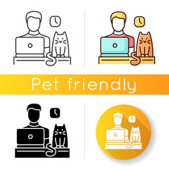 Wall Mural - Pet friendly office icon. Domestic animal permitted territory. Cat at workplace, kitten and human working on computer. Linear black and RGB color styles. Isolated vector illustrations