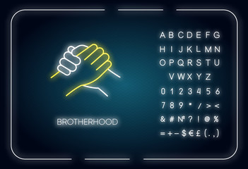 Wall Mural - Brotherhood neon light icon. Outer glowing effect. Sign with alphabet, numbers and symbols. Togetherness, unity and fellowship. Manly handshake vector isolated RGB color illustration