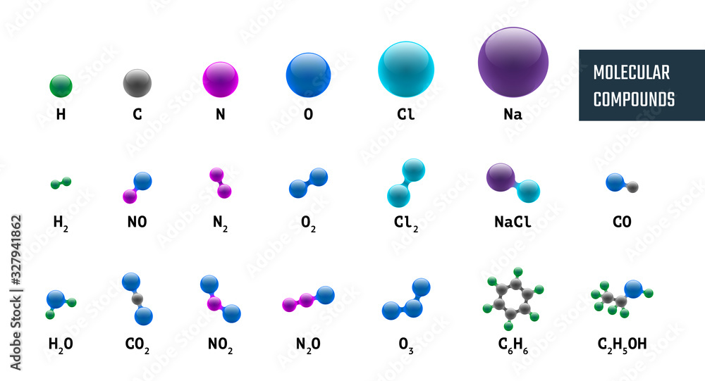 Collection of molecular chemical models combinations from hydrogen oxygen sodium carbon nitrogen and chlorine. Vector molecules set illustration isolated on white background - obrazy, fototapety, plakaty 