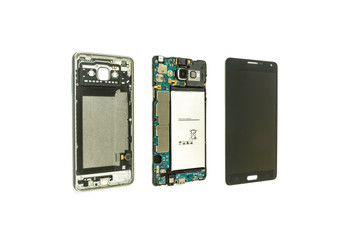 Disassembled smartphone on white background, Repair Service, isolated.