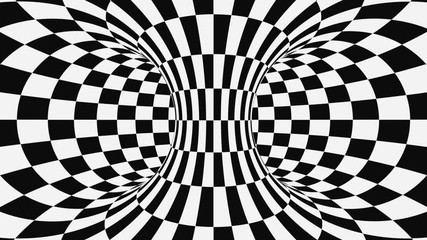 Wall Mural - Black and white psychedelic optical illusion. Abstract hypnotic animated background. Checkered geometric looping wallpaper