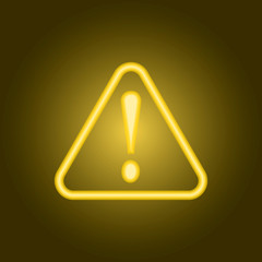 Hazard warning attention sign with exclamation mark symbol. Yellow, orange, red neon icon at dark reddish background. Illumination. Illustration.