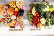 © beats_ - healthy or unhealthy food. Concept photo of healthy and unhealthy food. Fruits and vegetables vs donuts,sweets and burgers