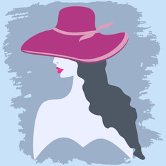 Poster - Woman in a pink elegant hat, long hair, bright lips - abstract background - illustration - vector. Beauty saloon. Fashion.