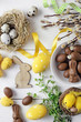 colorful easter eggs and spring flowers