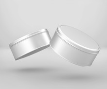 White Small Round Tin Can Mockup, Blank Food Container, 3d Rendering Isolated On Light Gray Background, Ready For Your Design