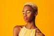 © Carlos David - Beauty portrait of a beautiful young woman with bright yellow eye shadow make up,  bold pink orange lips and eyes closed