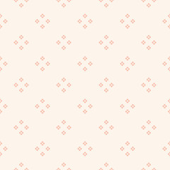 Vector minimalist floral geometric seamless pattern. Simple abstract texture with tiny flower silhouettes, dots, petals, leaves. Subtle pink and beige background. Repeating design for decor, textile