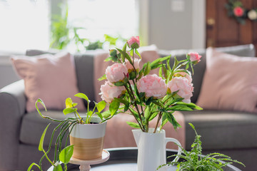 Pink peonies and accents in the living room for Spring style