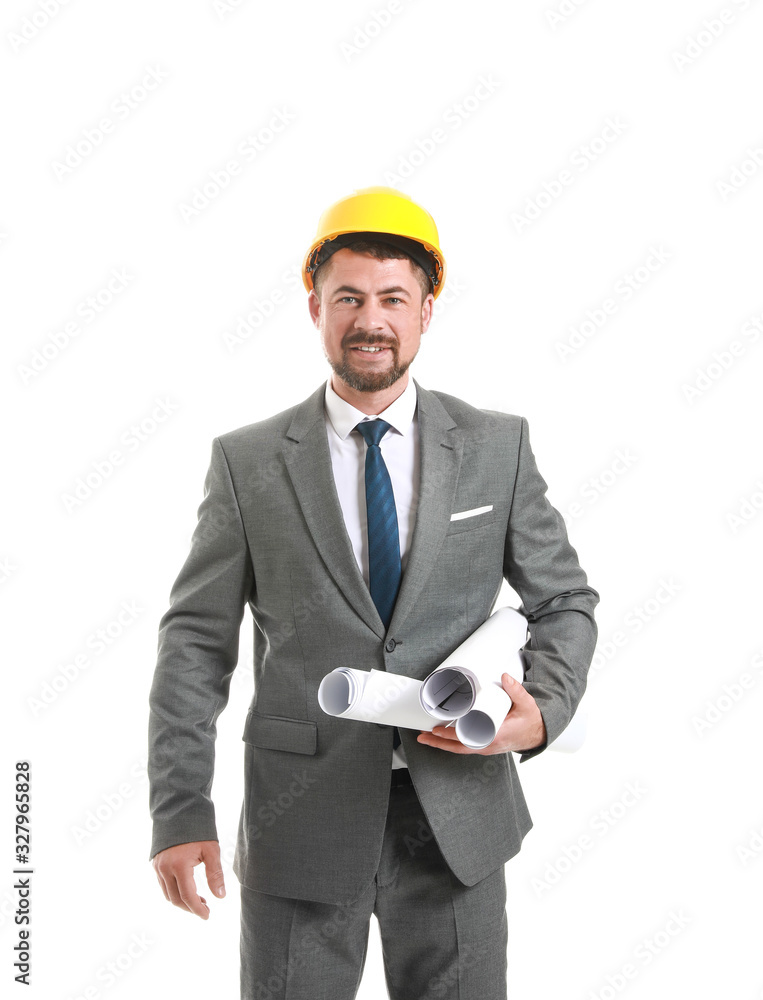 Male engineer with drawings on white background