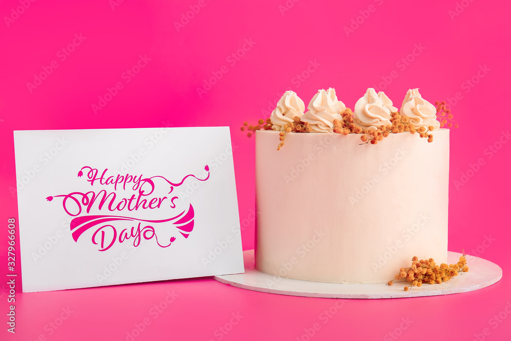 Tasty cake with greeting card for mother on color background