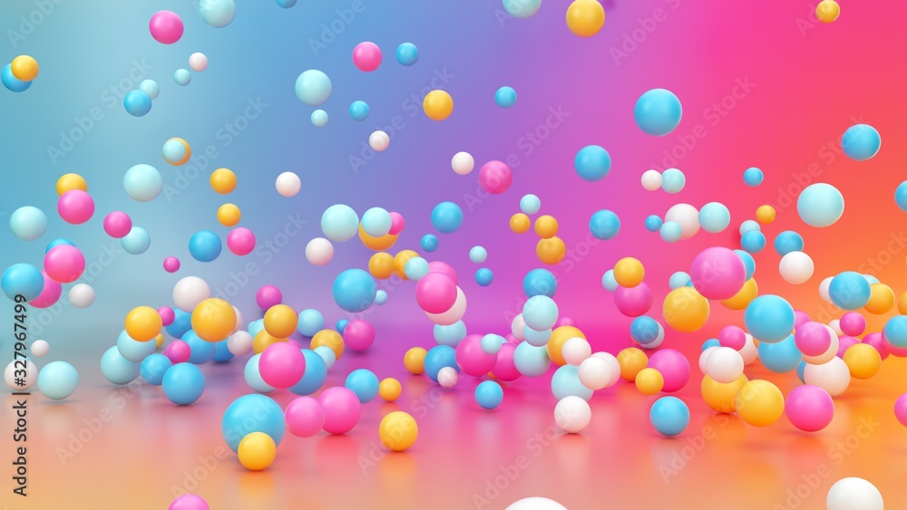 3d render, abstract vibrant gradient background, assorted colorful balls falling down, jumping, bouncing, flying or levitating inside empty room. Minimal fun concept. Pink blue yellow white balloons - obrazy, fototapety, plakaty 