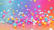 3d Render, Abstract Vibrant Gradient Background, Assorted Colorful Balls Falling Down, Jumping, Bouncing, Flying Or Levitating Inside Empty Room. Minimal Fun Concept. Pink Blue Yellow White Balloons