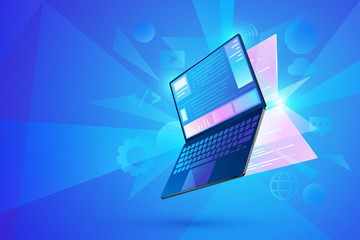 Wall Mural - software development concept, user interface laptop with virtual interactive screens processing, web