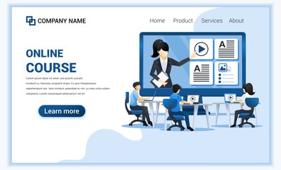 Wall Mural - Online course with people sitting at desk and studying with laptop. Can use for banner, mobile app, landing page, website design template. Flat vector illustration