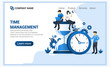 Modern flat web page design concept of time management with people work near big clock and hourglass. Flat landing page template. vector illustration