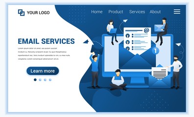 Wall Mural - Landing page template of Email marketing, mailing services with people work on device. Modern flat web page design concept for website and mobile website. Vector illustration