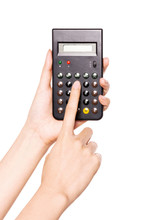 Woman Hand Hold A Calculator Isolated On White.