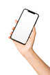 © dohee - Woman hand hold a smartphone, empty screen side isolated on white.