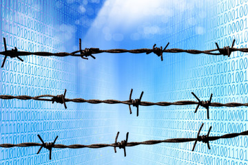 Wall Mural - conceptual internet security image of barbed wire fence over shiny binary code of one and zero
