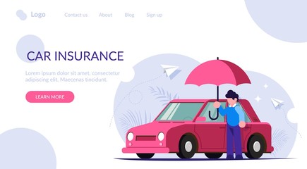  Car insurance against natural disasters. People with an umbrella stands near his car. Modern flat vector illustration. Landing web page template.