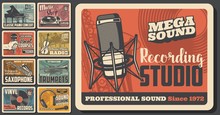 Music Concert And Musical Instruments Shop Vintage Retro Posters. Vector Sound Recording Studio, Jazz Band Festival And Folk Music Fest, DJ Sound Equipment And Vinyl Records Store