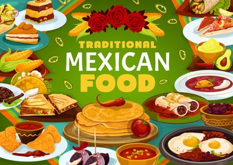 Sticker - Mexican cuisine, traditional restaurant menu dishes, food cooking recipe book cover. Vector Mexico lunch and dinner meals, meat empanada, salad tacos and capirotada pudding, spicy beans and nachos