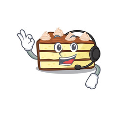 Sticker - Happy chocolate slice cake mascot design style wearing headphone