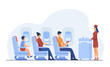 © SurfupVector - Air trip with comfort flat vector illustration. Passengers waiting for airline meal. People travelling by plane and sitting near airplane window. Airline, tourism and journey concept.