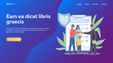 Poster - father shaking hands with insurance agent. family life insurance flat vector illustration. insurance