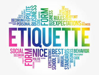Etiquette word cloud collage, social business concept on blackboard