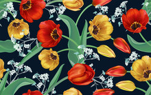 Seamless Background Of Flowers. Tulips Red And Yellow, Wildflowers. Decorative Postcard, Spring Pattern For Textiles, Wrapping Paper, Clothes, Holidays: March 8, Women's Day, Birthday
