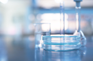 Wall Mural - glass plate in blue science microbiology laboratory background