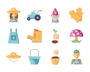 Canvas Print - gardening ornaments and equipment icon set, flat detail style