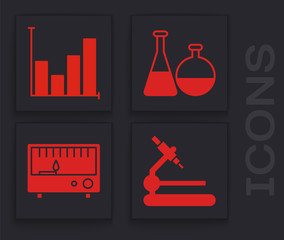 Sticker - Set Microscope, Pie chart infographic, Test tube and flask chemical laboratory and Electrical measuring instruments icon. Vector