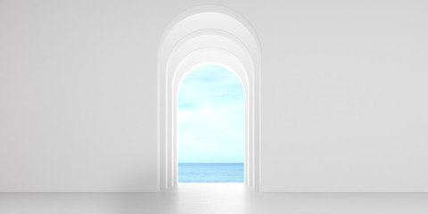 Wall Mural - View of empty room in minimal style with arch design,curve details,The sun light cast shadow on the concrete floor on sea view background. 3d rendering.	