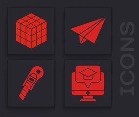 Canvas Print - Set Monitor with graduation cap, Rubik cube, Paper airplane and Stationery knife icon. Vector