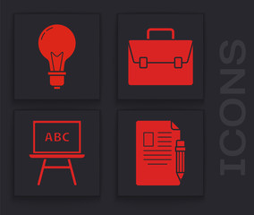 Poster - Set Exam sheet and pencil with eraser, Light bulb with concept of idea, Briefcase and Chalkboard icon. Vector