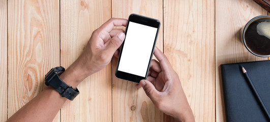 Wall Mural - cropped shot view of man hands holding smart phone with blank copy space screen for your text messag