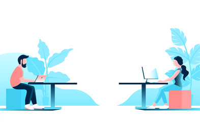 Modern young man and girl work in the office. They are sitting at computers. Vector illustration.