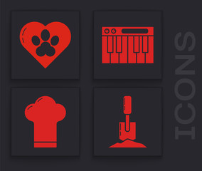 Poster - Set Shovel in the ground, Heart with animals footprint, Music synthesizer and Chef hat icon. Vector