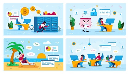 Bitcoin Trading, Distance Work, Online Security, Startup Team, Trendy Flat Vector Concepts Set. Freelancer on Beach, Trojan Stealing Data, Mining Farm Owner, Web Developers Teamwork Illustration