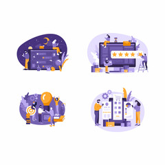 Vector illustration, people communicate through internet and messengers, vector graphics of people working with charts and data. Business communication on idea with devices - laptop, smartphones.