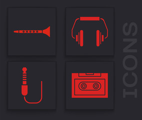 Sticker - Set Retro audio cassette tape, Clarinet, Headphones and Audio jack icon. Vector