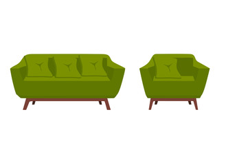 green armchair and sofa, vector illustration, flat style