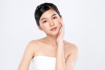 Portrait beautiful young asian woman clean fresh bare skin concept. Asian girl beauty face skincare and health wellness, Facial treatment, Perfect skin, Natural makeup, on white background,