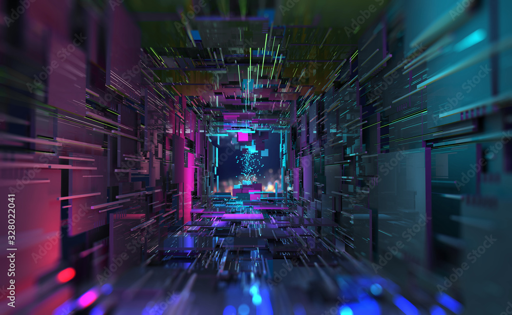 Virtual Data Center. Digital streams and future technology. Deep machine learning 3D  illustration. Flight in quantum cyberspace - obrazy, fototapety, plakaty 