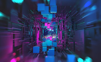 Fototapete - Futuristic sci-fi cyberspace in neon light. Blocks of information in a digital data stream. Portal, gate, tunnel and city of future 3D illustration. Abstract database
