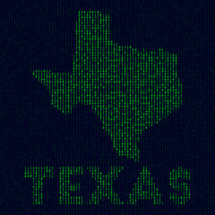 Digital Texas logo. US state symbol in hacker style. Binary code map of Texas with US state name. Amazing vector illustration.