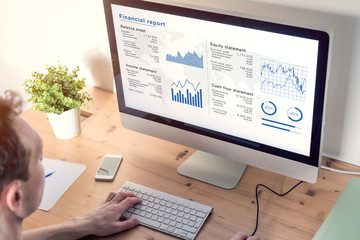 Accountant analysing financial report on computer screen in office, business document with data such as balance sheet, income and equity statements, corporate strategy, auditing